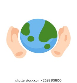 Hands Holding Earth Flat Illustration. Cartoon hands holding Earth globe in flat style, symbol of ecology, planet care, peace and global responsibility.