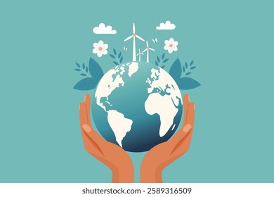 Hands holding Earth flat vector illustration in blue colors