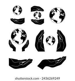 Hands holding Earth globe collection. Save the planet, protect the Earth, environment problems, saving nature together concept. Earth Day vector logo, icon illustration set