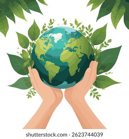 hands holding the earth globe with green leaves