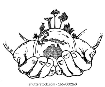 Hands holding Earth globe. Earth in human hands isolated on a white background, sketch style vector illustration. Animals and plants of Australia on the globe, protection of rare animals. 