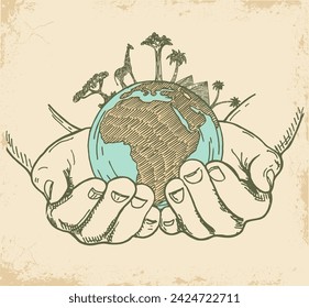 Manos sosteniendo el globo terráqueo. Tierra en manos humanas aisladas sobre un fondo blanco, ilustración vectorial de estilo de boceto. Animales y plantas de Australia en el mundo, la protección de los animales raros.