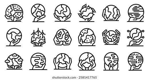  Hands holding earth globe icons set. Set of line icons representing hands carefully holding planet earth, symbolizing environmental protection, sustainability, and global responsibility