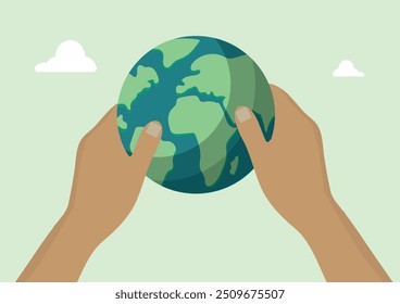 Mãos Segurando a Ilustração do Globo da Terra no Fundo Verde. Proteger o ambiente. Ilustração de sustentabilidade. Ilustração de governança social ambiental	