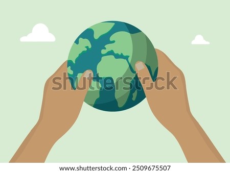 Hands Holding Earth Globe Illustration on Green Background. Protect environment. Sustainability illustration. Environmental social governance illustration	
