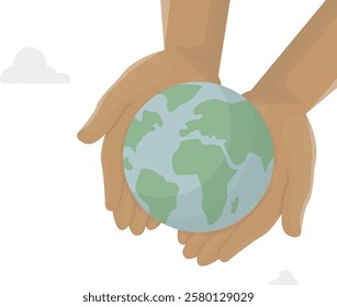 Hands Holding Earth Globe isolated on white background. Environmental Responsibility. hands tenderly holding planet Earth. Environmental stewardship and care. Earth day concept. Vector illustration