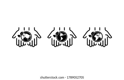 Hands holding earth globe with leaves. Concept of saving the earth, nature. Vector on isolated white background. EPS 10