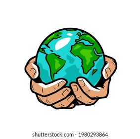 Hands holding Earth globe. Nature, ecology concept vector illustration