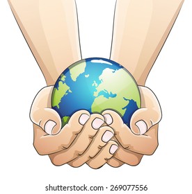 Hands holding the earth globe on white background. Saving the earth concept.  Earth Day illustration.