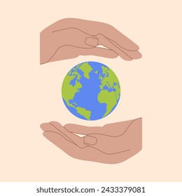 Hands holding Earth globe poster, banner. Save the planet, protect the Earth, environment problems, saving nature together concept. Earth Day vector illustration