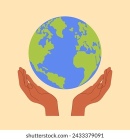 Manos sosteniendo el cartel del globo terrestre, cartel. Salvar el planeta, proteger la Tierra, los problemas del medio ambiente, salvar la naturaleza juntos concepto. Día de la Tierra ilustración vectorial