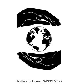 Hands holding Earth globe poster, banner. Save the planet, protect the Earth, environment problems, saving nature together concept. Earth Day vector logo, icon illustration