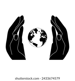 Hands holding Earth globe poster, banner. Save the planet, protect the Earth, environment problems, saving nature together concept. Earth Day vector logo, icon illustration