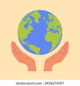 Hands holding Earth globe poster, banner. Save the planet, protect the Earth, environment problems, saving nature together concept. Earth Day vector illustration