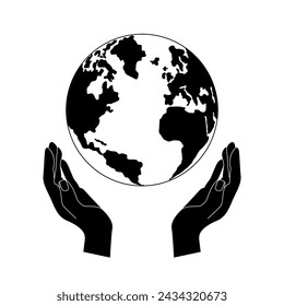Hands holding Earth globe poster, banner. Save the planet, protect the Earth, environment problems, saving nature together concept. Earth Day vector logo, icon illustration