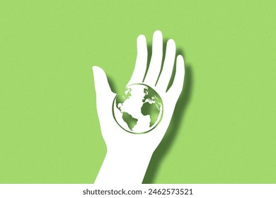 Hands holding the Earth, Globe. Sustainable, Ecology and Environment concept. Paper cut style. Paper carving. Vector Illustration.