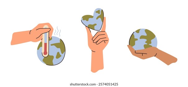 Hands holding earth globe and thermometer showing high temperatures. Vector climate change and heat on surface of planet. Ecological awareness and saving nature, environmental care and conservation