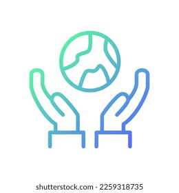 Hands holding Earth gradient linear vector icon. Care for environment. Protect natural resources. Eco friendly practice. Thin line color symbol. Modern style pictogram. Vector isolated outline drawing