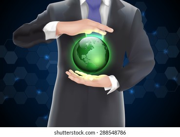 Hands holding earth with green of  background  on blue and black. vector