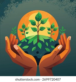 Manos sosteniendo la Tierra con el crecimiento de las plantas y el planeta del sol