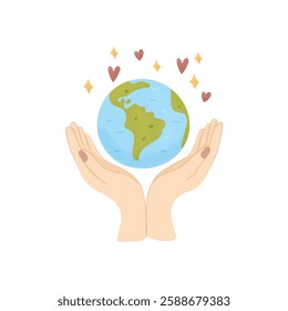 Hands Holding the Earth with Hearts and Sparkles – Environmental Awareness Illustration