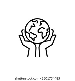 Hands holding Earth icon. A minimal vector illustration featuring two hands gently cradling the globe. Ideal for environmental, sustainability, and global stewardship themes. Vector illustration.