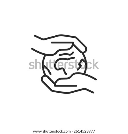 Hands holding Earth icon. A minimal vector illustration featuring two hands gently cradling the globe. Ideal for environmental, sustainability, and global stewardship themes. Vector illustration.