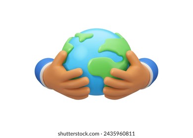 Hands holding Earth icon. Sustain symbol. Vector 3d cartoon planet in arms. Save the planet environment concept, corporate social responsibility design.