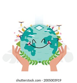 Hands holding earth, illustration of hands holding globe earth  with activity human and delivery scene on above it, vector element for web, Earth day concept illustration