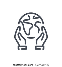 Hands holding earth line icon. Save earth vector outline sign.