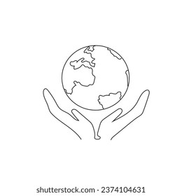 Hands holding Earth logo. Environmental economics, social responsibility for nature. Thin line icon. Vector illustration. Minimal logo