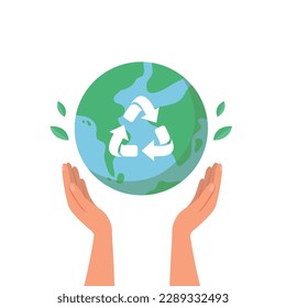 Manos con el logo de la tierra, recursos reciclables para proteger el medio ambiente y el vector de ecología de la naturaleza.