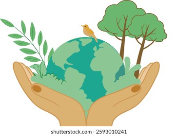 
Hands Holding Earth with Nature Elements - Sustainable Environment Concept. 
