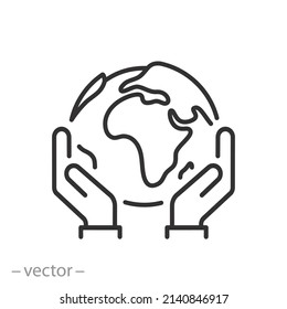 manos sujetando el icono del planeta Tierra, el mundo salvado, la conservación del globo, el apoyo comunitario global, el símbolo de línea delgada sobre el fondo blanco - ilustración de vector de trazo editable