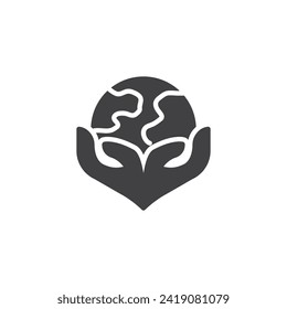 Hands holding Earth planet vector icon. filled flat sign for mobile concept and web design. Environment Advocacy glyph icon. Symbol, logo illustration. Vector graphics