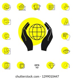 Hands holding Earth. Protect icon. Graphic elements for your design