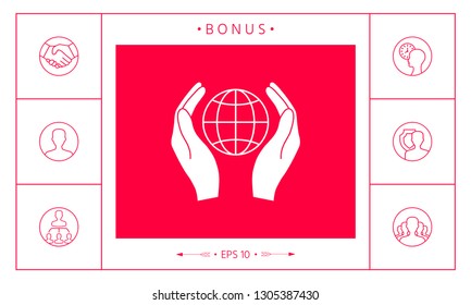 Hands holding Earth. Protect icon. Graphic elements for your design