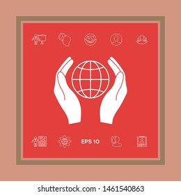 Hands holding Earth. Protect icon. Graphic elements for your design