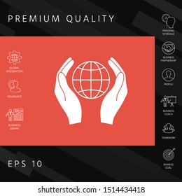 Hands holding Earth. Protect icon. Graphic elements for your design