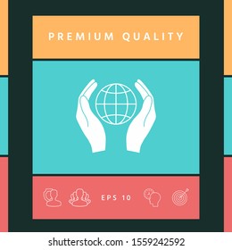 Hands holding Earth. Protect icon. Graphic elements for your design