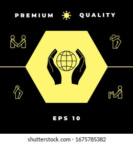 Hands holding Earth. Protect icon. Graphic elements for your design