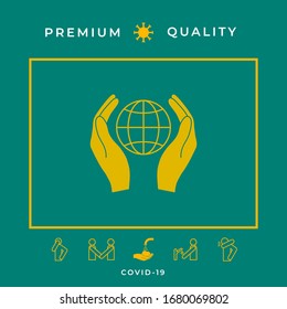 Hands holding Earth. Protect icon. Graphic elements for your design