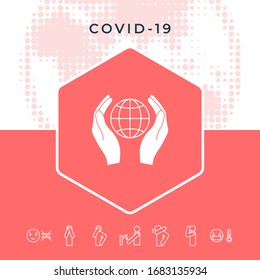 Hands holding Earth. Protect icon. Graphic elements for your design