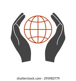 Hands holding Earth. Protect icon.