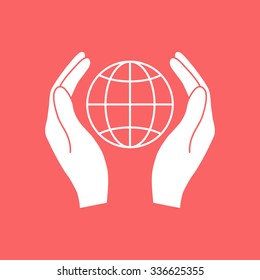 Hands holding Earth. Protect icon.