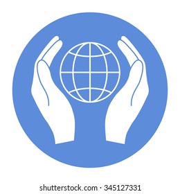 Hands holding Earth. Protect icon.
