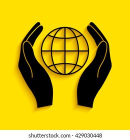 Hands holding Earth. Protect icon.