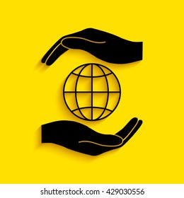 Hands holding Earth. Protect icon.
