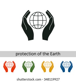 Hands holding Earth. Protect. Set of varicolored icons.