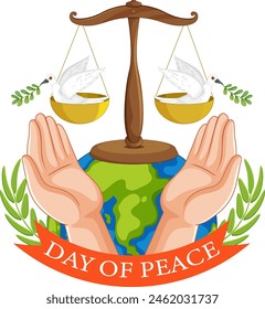 Hands holding Earth with scales and doves for peace